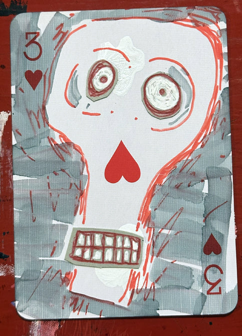 Three of Hearts (Original Hand-Painted Skull Card)